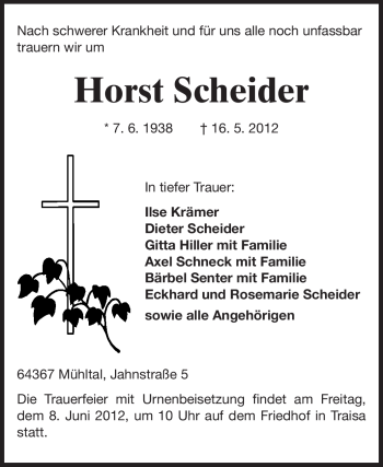 Traueranzeige von Horst Scheider von Echo-Zeitungen (Gesamtausgabe)