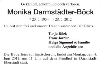 Traueranzeige von Monika Darmstädter-Böck von Echo-Zeitungen (Gesamtausgabe)