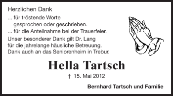 Traueranzeige von Hella Tartsch von Rüsselsheimer Echo, Groß-Gerauer-Echo, Ried Echo