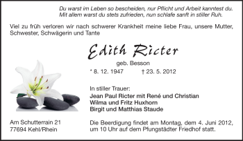 Traueranzeige von Edith Ricter von Echo-Zeitungen (Gesamtausgabe)