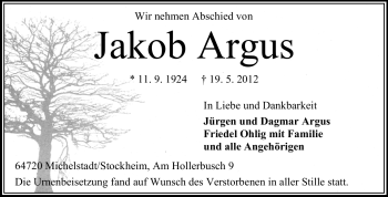 Traueranzeige von Jakob Argus von Odenwälder Echo