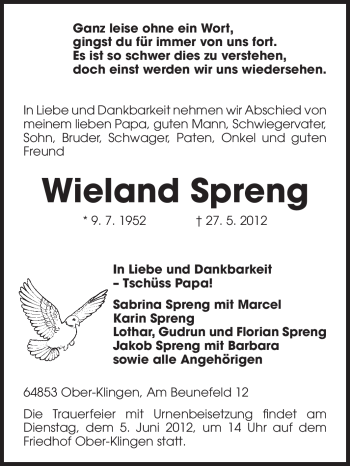 Traueranzeige von Wieland Spreng von Echo-Zeitungen (Gesamtausgabe)