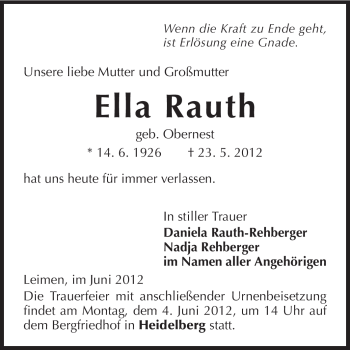 Traueranzeige von Ella Rauth von Echo-Zeitungen (Gesamtausgabe)