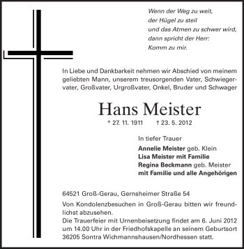 Traueranzeige von Hans Meister von Rüsselsheimer Echo, Groß-Gerauer-Echo, Ried Echo