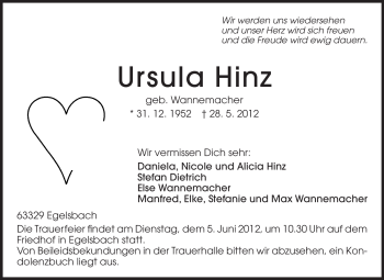 Traueranzeige von Ursula Hinz von Echo-Zeitungen (Gesamtausgabe)
