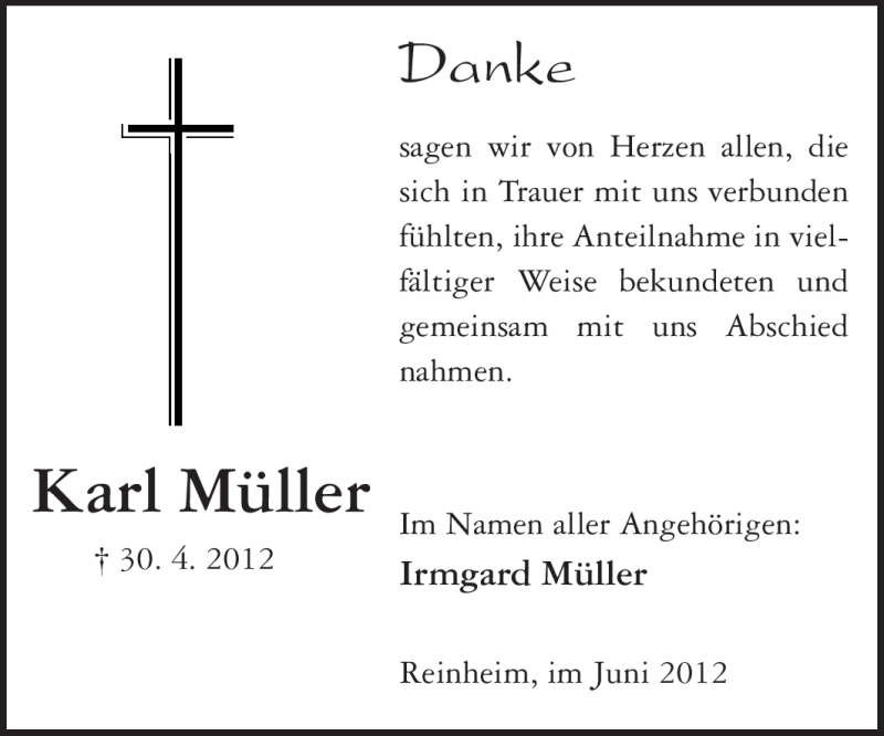  Traueranzeige für Karl Müller vom 02.06.2012 aus Darmstädter Echo, Odenwälder Echo, Rüsselsheimer Echo, Groß-Gerauer-Echo, Ried Echo