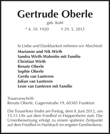 Traueranzeige von Gertrude Oberle von Starkenburger Echo