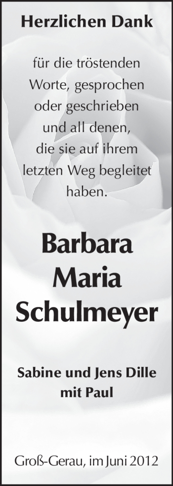 Traueranzeige von Barbara Maria Schulmeyer von Rüsselsheimer Echo, Groß-Gerauer-Echo, Ried Echo