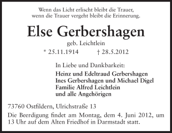Traueranzeige von Else Gerbershagen von Echo-Zeitungen (Gesamtausgabe)