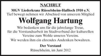 Traueranzeige von Wolfgang Hartung von Rüsselsheimer Echo, Groß-Gerauer-Echo, Ried Echo