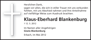 Traueranzeige von Klaus-Eberhard Blankenburg von Odenwälder Echo