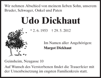 Traueranzeige von Udo Dickhaut von Rüsselsheimer Echo, Groß-Gerauer-Echo, Ried Echo
