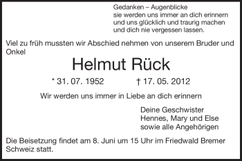 Traueranzeige von Helmut Rück von Darmstädter Echo, Odenwälder Echo, Rüsselsheimer Echo, Groß-Gerauer-Echo, Ried Echo