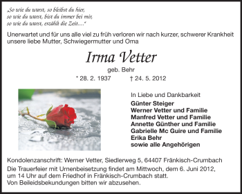 Traueranzeige von Irma Vetter von Odenwälder Echo