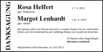 Traueranzeige von Rosa und Margot Helfert und Lenhardt von Starkenburger Echo