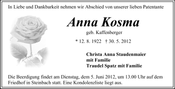 Traueranzeige von Anna Kosma von Odenwälder Echo