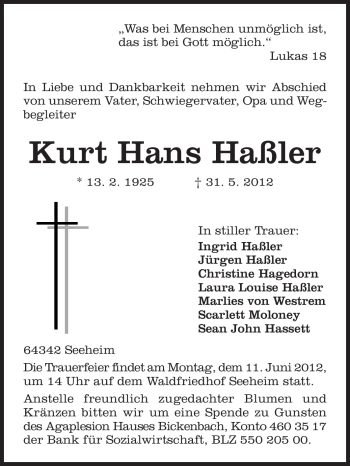 Traueranzeige von Kurt Hans Haßler von Echo-Zeitungen (Gesamtausgabe)