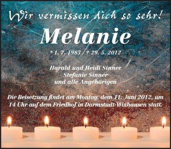 Traueranzeige von Melanie  von Echo-Zeitungen (Gesamtausgabe)