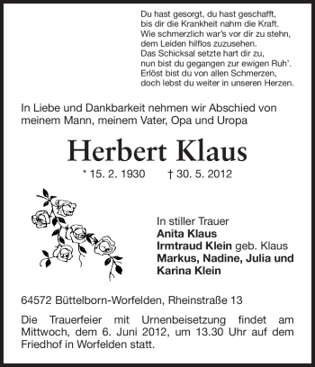 Traueranzeige von Herbert Klaus von Rüsselsheimer Echo, Groß-Gerauer-Echo, Ried Echo