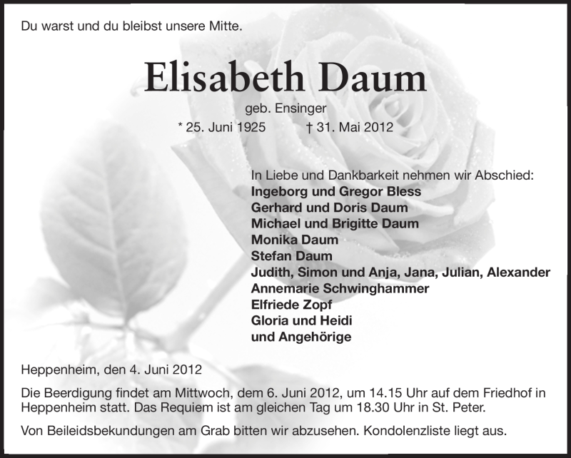  Traueranzeige für Elisabeth Daum vom 04.06.2012 aus Starkenburger Echo