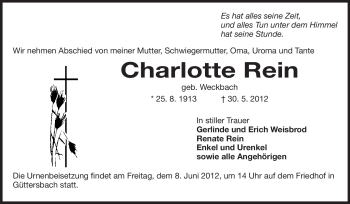 Traueranzeige von Charlotte Rein von Odenwälder Echo