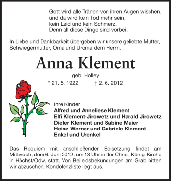 Traueranzeige von Anna Klement von Odenwälder Echo