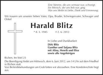 Traueranzeige von Harald Blitz von Echo-Zeitungen (Gesamtausgabe)
