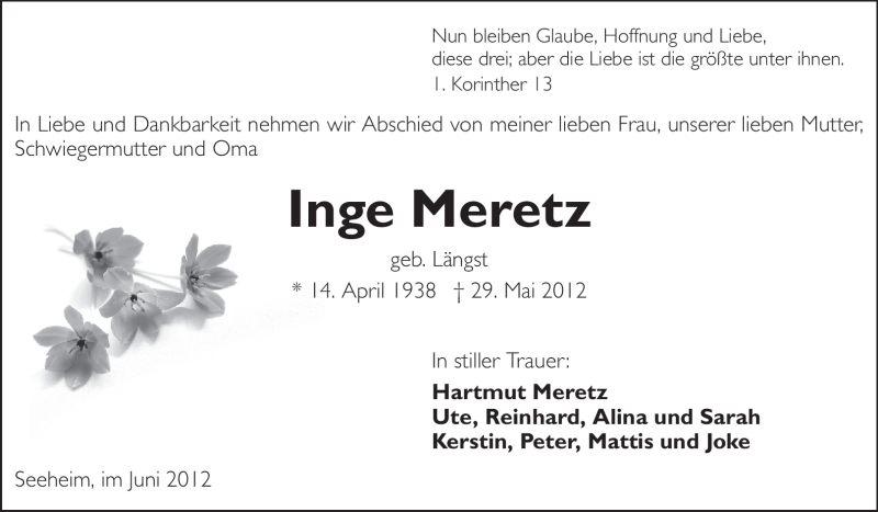  Traueranzeige für Inge Meretz vom 06.06.2012 aus Echo-Zeitungen (Gesamtausgabe)