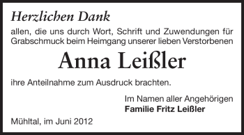 Traueranzeige von Anna Leißler von Echo-Zeitungen (Gesamtausgabe)