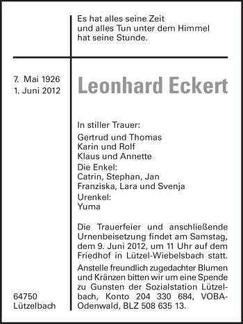 Traueranzeige von Leonhard Eckert von Odenwälder Echo