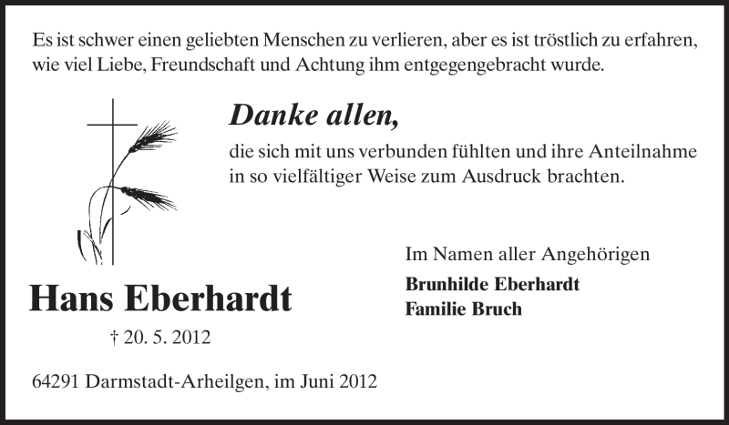  Traueranzeige für Hans Eberhardt vom 06.06.2012 aus Echo-Zeitungen (Gesamtausgabe)