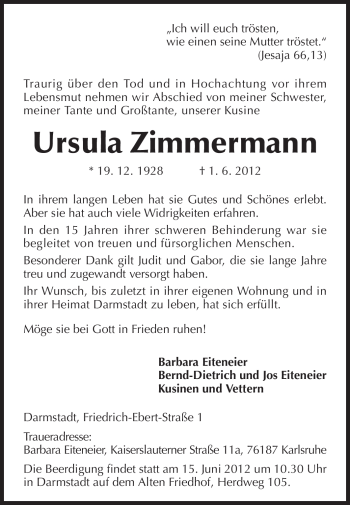 Traueranzeige von Ursula Zimmermann von Darmstädter Echo, Odenwälder Echo, Rüsselsheimer Echo, Groß-Gerauer-Echo, Ried Echo