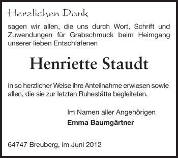Traueranzeige von Henriette Staudt von Odenwälder Echo
