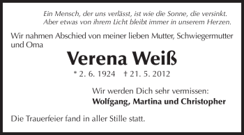Traueranzeige von Verena Weiß von Echo-Zeitungen (Gesamtausgabe)