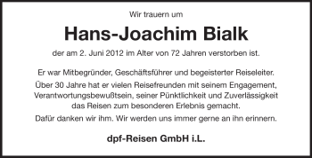 Traueranzeige von Hans-Joachim Bialk von Echo-Zeitungen (Gesamtausgabe)