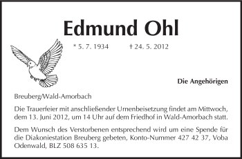 Traueranzeige von Edmund Ohl von Odenwälder Echo