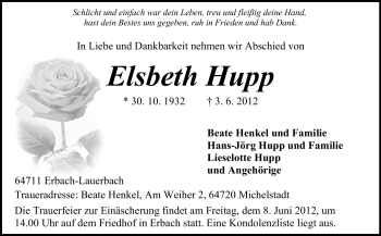 Traueranzeige von Elsbeth Hupp von Odenwälder Echo
