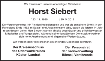 Traueranzeige von Horst Siebert von Odenwälder Echo