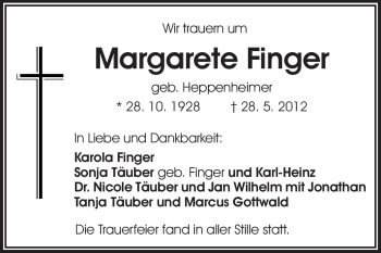 Traueranzeige von Margarete Finger von Darmstädter Echo, Odenwälder Echo, Rüsselsheimer Echo, Groß-Gerauer-Echo, Ried Echo
