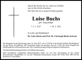 Traueranzeige von Luise Buchs von Rüsselsheimer Echo, Groß-Gerauer-Echo, Ried Echo