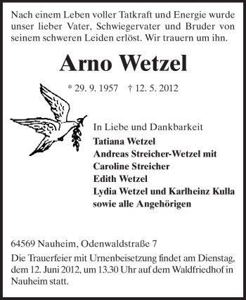 Traueranzeige von Arno Wetzel von Rüsselsheimer Echo, Groß-Gerauer-Echo, Ried Echo