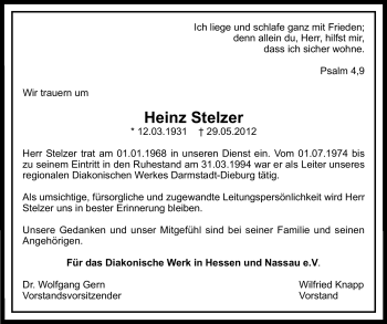 Traueranzeige von Heinz Stelzer von Echo-Zeitungen (Gesamtausgabe)