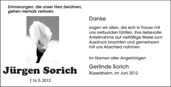 Traueranzeige von Jürgen Sorich von Rüsselsheimer Echo, Groß-Gerauer-Echo, Ried Echo