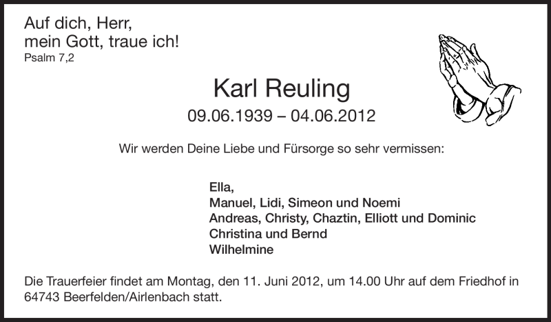  Traueranzeige für Karl Reuling vom 08.06.2012 aus Odenwälder Echo