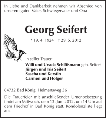 Traueranzeige von Georg Seifert von Odenwälder Echo