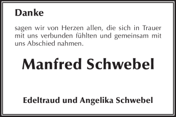 Traueranzeige von Manfred Schwebel von Darmstädter Echo, Odenwälder Echo, Rüsselsheimer Echo, Groß-Gerauer-Echo, Ried Echo