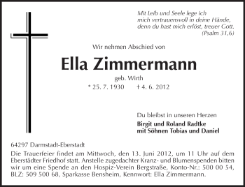 Traueranzeige von Ella Zimmermann von Echo-Zeitungen (Gesamtausgabe)