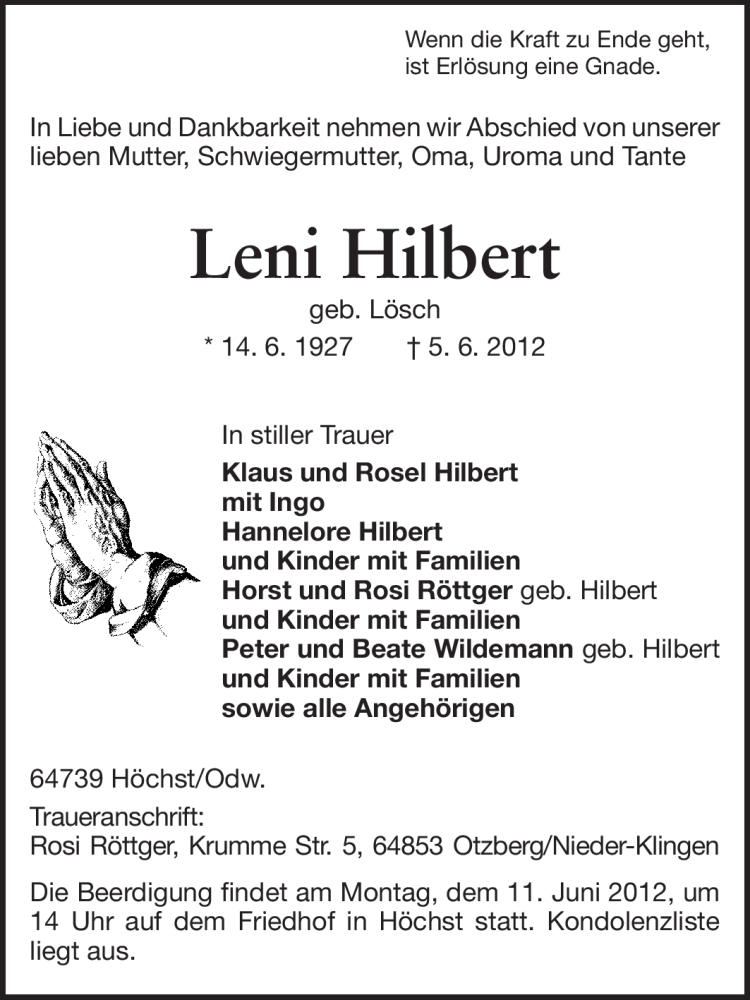  Traueranzeige für Leni Hilbert vom 09.06.2012 aus Odenwälder Echo