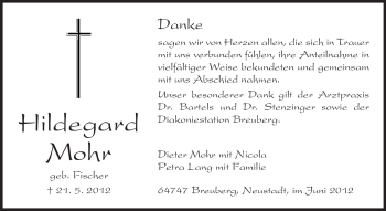 Traueranzeige von Hildegard Mohr von Odenwälder Echo