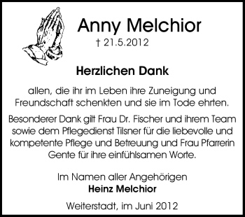 Traueranzeige von Anny Melchior von Echo-Zeitungen (Gesamtausgabe)